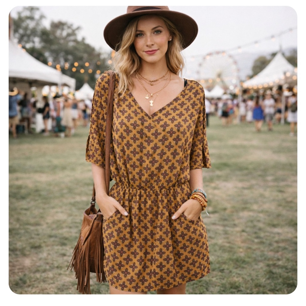 Umgee Boho Split Sleeve Festival Mini Lined Dress w/Pockets Women's Size Small